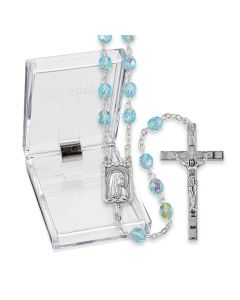 Faceted Aqua Glass Bead Rosary, Boxed