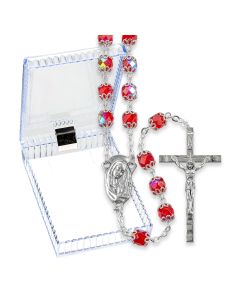 Double Capped Ruby Bead Rosary, Boxed