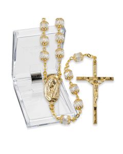 Crystal Glass Bead Gold Tone Rosary, Boxed