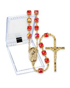 Ruby Glass Bead Gold Tone Rosary, Boxed