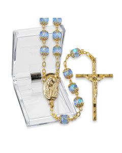 Sapphire Glass Bead Gold Tone Rosary, Boxed