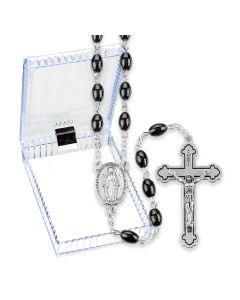 Polished Oval Black Glass Bead Rosary, Boxed