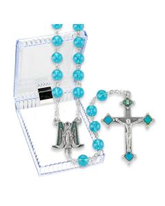 Aqua Glass Bead Rosary with Epoxied Center and Crucifix, Boxed