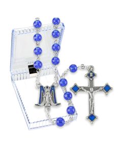 Cobalt Blue Glass Bead Rosary with Epoxied Center and Crucifix, Boxed