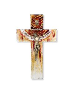 7" Shimmering Sunset with Earth Tones Glass Cross with Museum Gold Tone Corpus-P65