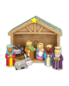 9-pc. 3" Nativity Set with Stable. Stable magnets 7 ½"L x 3"W x 6 ½ H.