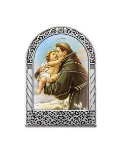 Antique Silver Metal Arched Easel with Gold Embossed St Anthony Print