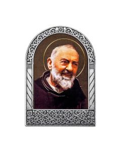Antique Silver Metal Arched Easel with Gold Embossed St Pio Print