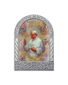 Antique Silver Metal Arched Easel with Gold Embossed St John Paul II Print