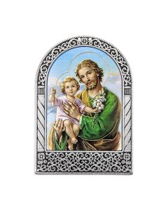 Antique Silver Metal Arched Easel with Gold Embossed St Joseph Print