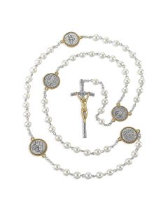 White Pearl Bead Rosary with Saints Medals as "Our Father" Beads 