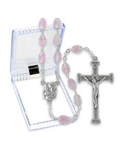 Oval Rose Glass Bead Rosary, Boxed