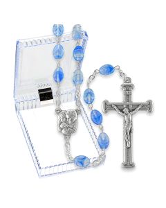 Oval Sapphire Glass Bead Rosary, Boxed