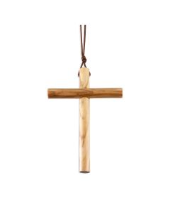 3" Rounded Olive Wood Cross on a Brown Cord