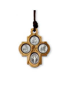 1 1/4" Four Way Medal Inlay Olive Wood Cruciform on a 27" Cord