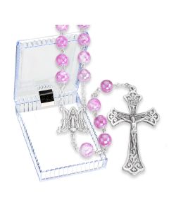 8mm Amethyst Marbleized Glass Bead Rosary, Boxed