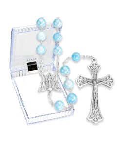 8mm Aqua Marbleized Glass Bead Rosary, Boxed