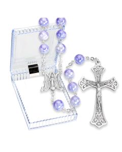 8mm Blue Marbleized Glass Bead Rosary, Boxed
