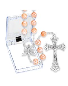 8mm Coral Marbleized Glass Bead Rosary, Boxed