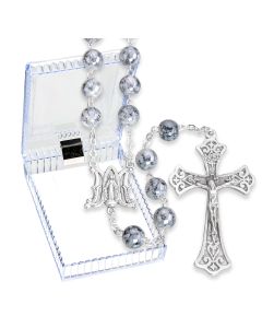 8mm Grey Marbleized Glass Bead Rosary, Boxed