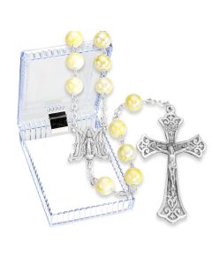 8mm Lemon Marbleized Glass Bead Rosary, Boxed