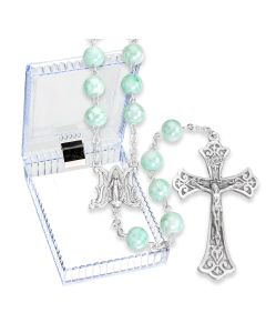 8mm Mint Marbleized Glass Bead Rosary, Boxed