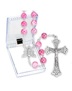 8mm Pink Marbleized Glass Bead Rosary, Boxed
