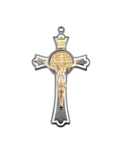 St. Benedict Flared Tip Crucifix in Gun Metal Finish and Gold Highlights