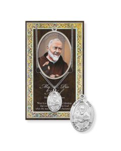 Saint Pio Genuine Pewter Medal on a 24" Chain with Biography and Picture Folder
