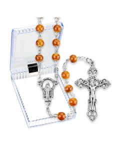 Orange Speckled Glass Bead Rosary, Boxed