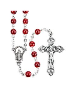 Ruby Speckled Glass Bead Rosary, Boxed