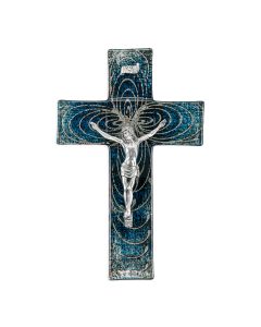 10" Blue and Silver Looped Cross Pattern on Glass Cross with Pewter Finish Corpus-P65
