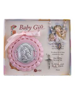 Pink Guardian Angel Crib Medal with Rosary