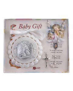 White Guardian Angel Crib Medal with Rosary
