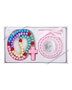 Pink Guardian Angel Crib Medal with Pastel Wood Rosary-P65