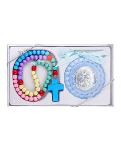 Blue Guardian Angel Crib Medal with Pastel Wood Rosary-P65
