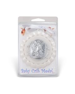 White Guardian Angel Crib Medal in Clamshell Packaging