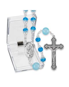 Capped Aqua Crystal Bead Rosary with Round Our Father Beads, Boxed