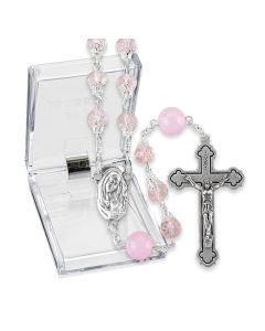 Capped Pink Crystal Bead Rosary with Round Our Father Beads, Boxed