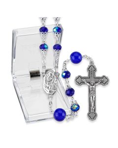 Capped Sapphire Crystal Bead Rosary with Round Our Father Beads, Boxed