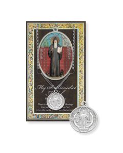 Saint Benedict Genuine Pewter Medal on a 24" Chain with Biography and Picture Folder
