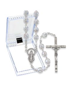 Clear Crystal Aurora Borealis Bead Rosary, Boxed