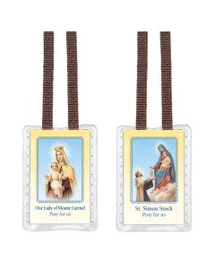 1 1/2" X 1 3/4" O.L of Mt. Carmel and St. Simon Stock Scapular with Brown Cords Sealed in Soft Plastic Case-P65