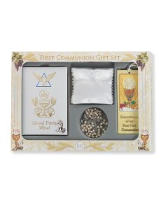 6pc Girls White Blessed Trinity Missal with Silver Finish Chalice Communion Set