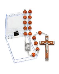 Brown Carved Wood Bead Rosary, Boxed