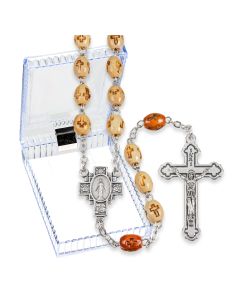 Stamped Oval Wood Bead Rosary, Boxed