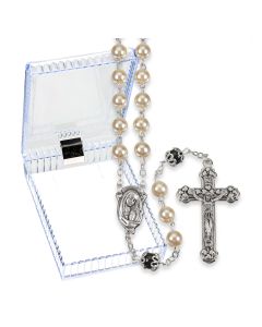 Faux Pearl and Black Glass Bead Rosary, Boxed