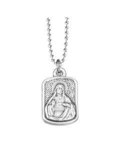 7/8" Sacred Heart of Jesus Silver Oxidized Rectangle Medal on a 18" Ball Chain. Boxed