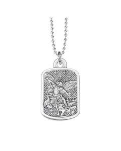 1 1/2" Saint Michael Silver Oxidized Rectangle Medal on a 24" Ball Chain. Boxed