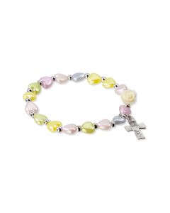 Multicolor Pearlescent Bead Rosary Bracelet with a Communion Cross-P65